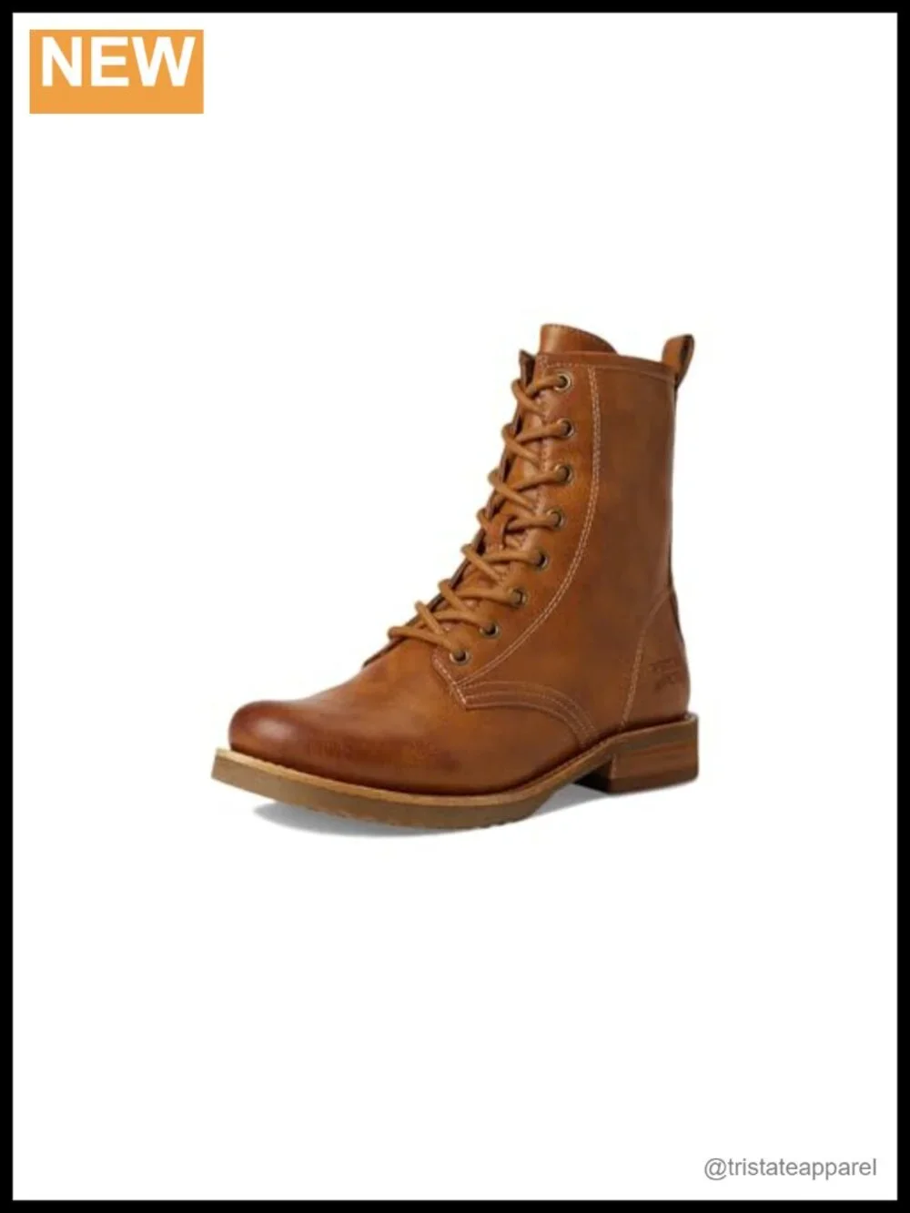 Leather Combat Boots Round Toe Block Heel Lace Up